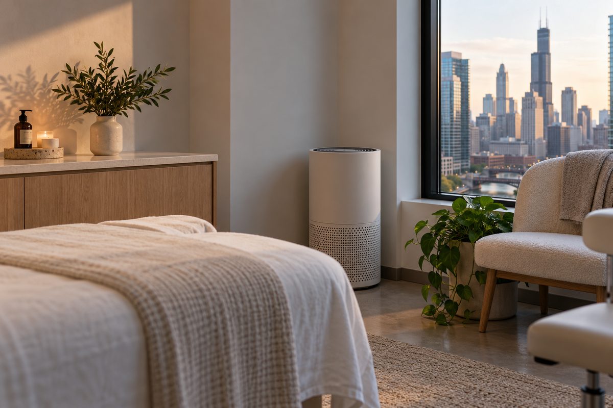 Medical-grade HEPA air filtration unit in private aesthetic suite