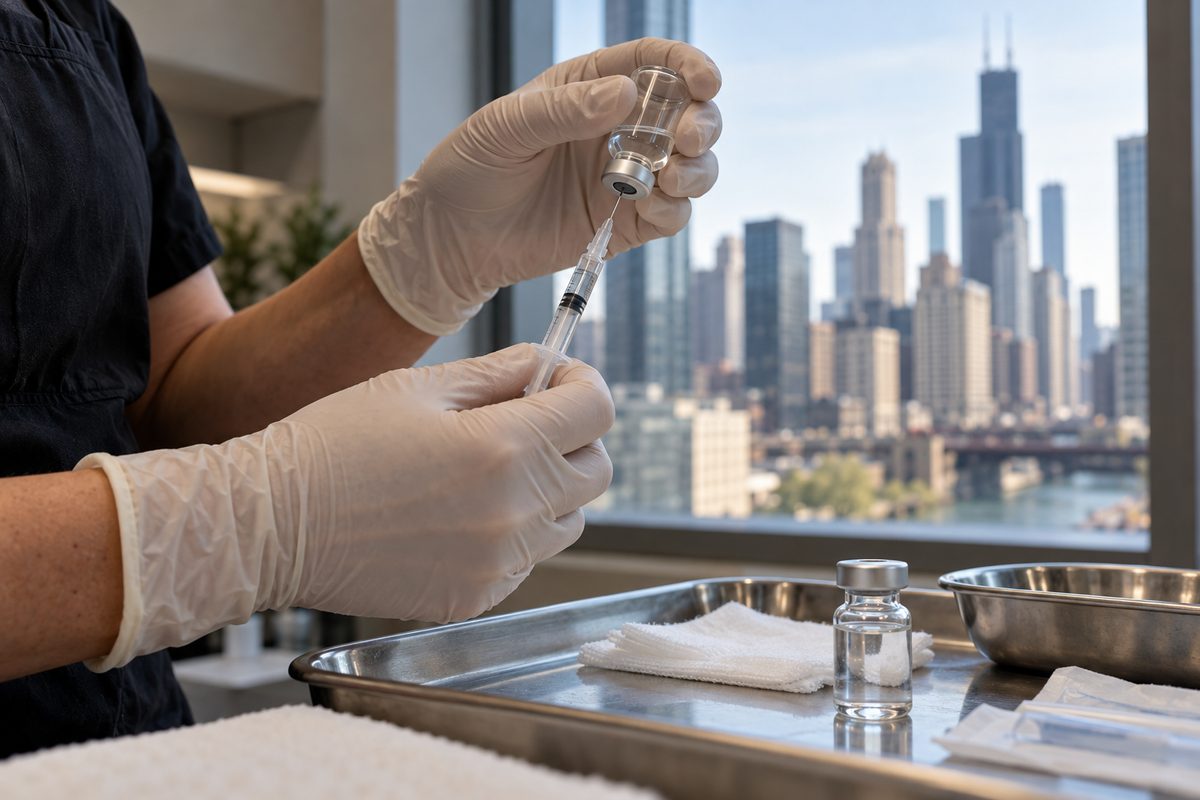 Gloved aesthetician preparing cosmetic micro-gauge syringe on sterile tray