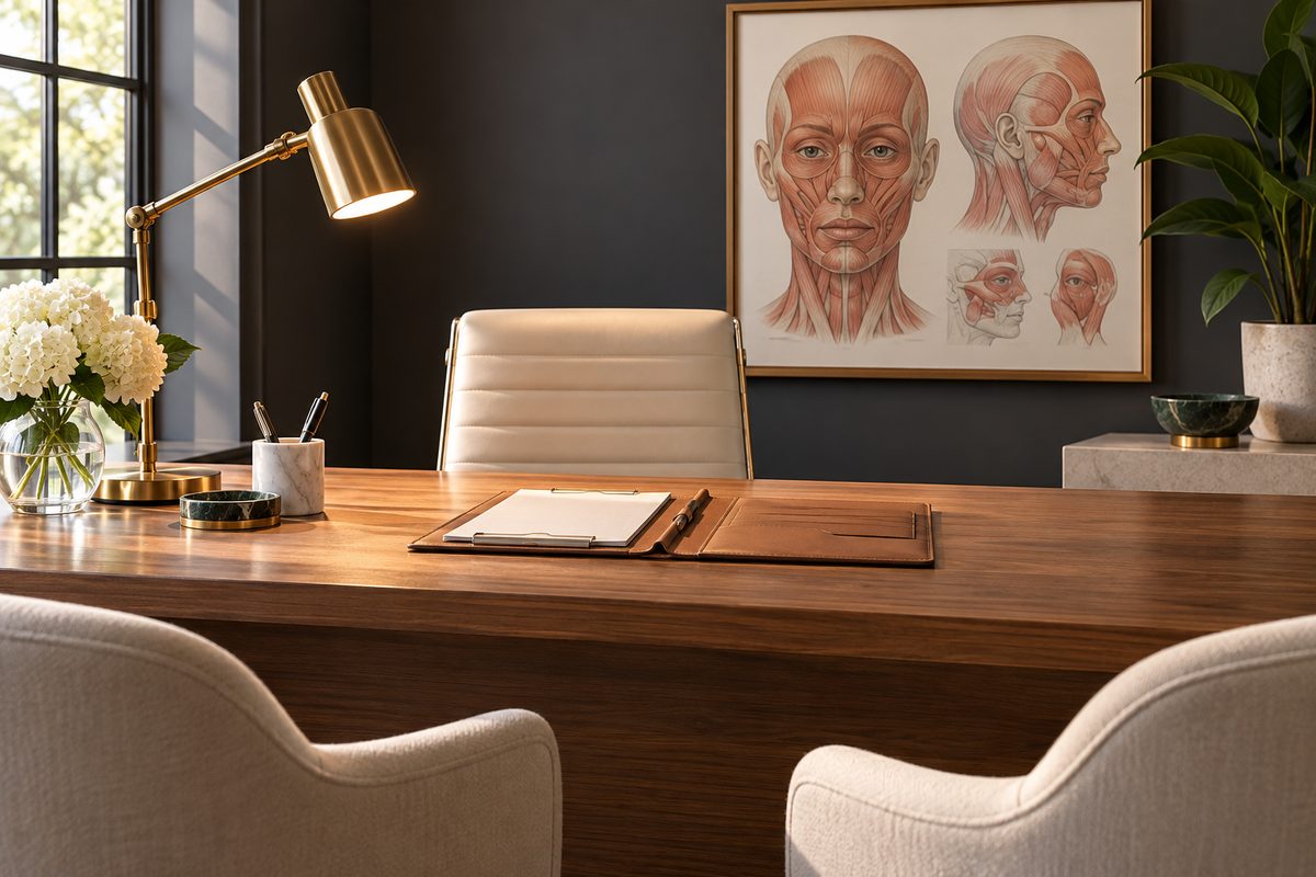 Private aesthetic consultation desk with facial anatomy reference chart
