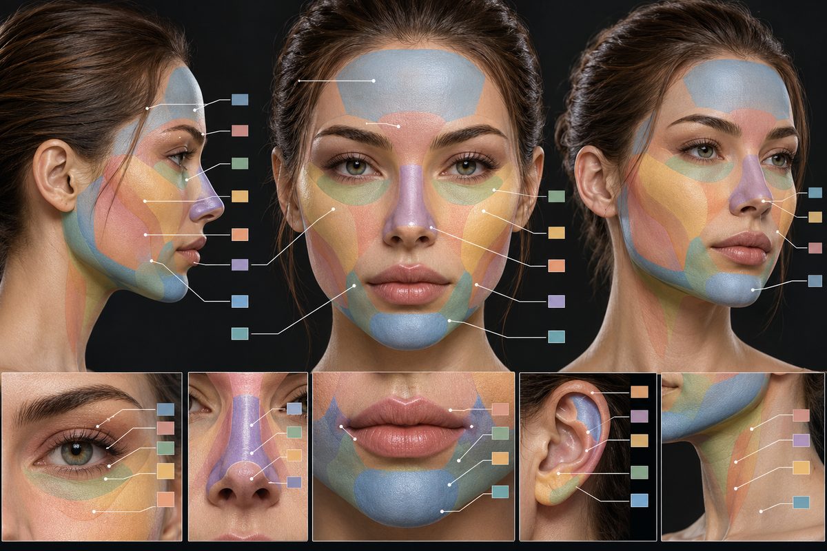 Technical aesthetic diagram of facial muscle landmarks and injection unit zones
