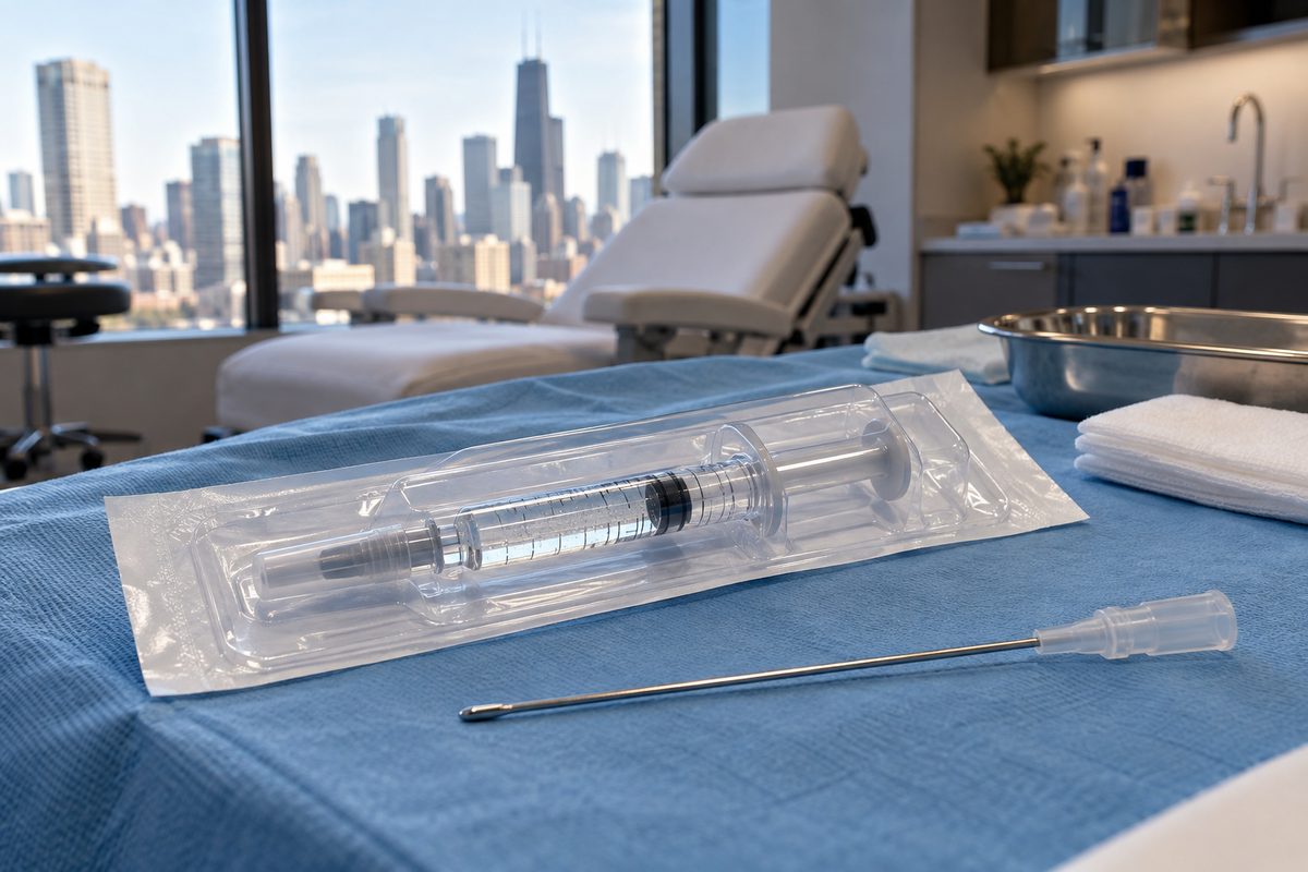 Sterile hyaluronic acid dermal filler syringe and cannula setup