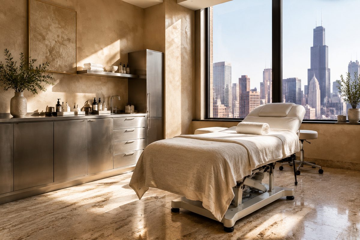 Private aesthetic procedure suite with adjustable examination bed and clean travertine surfaces at Glamorise Chicago