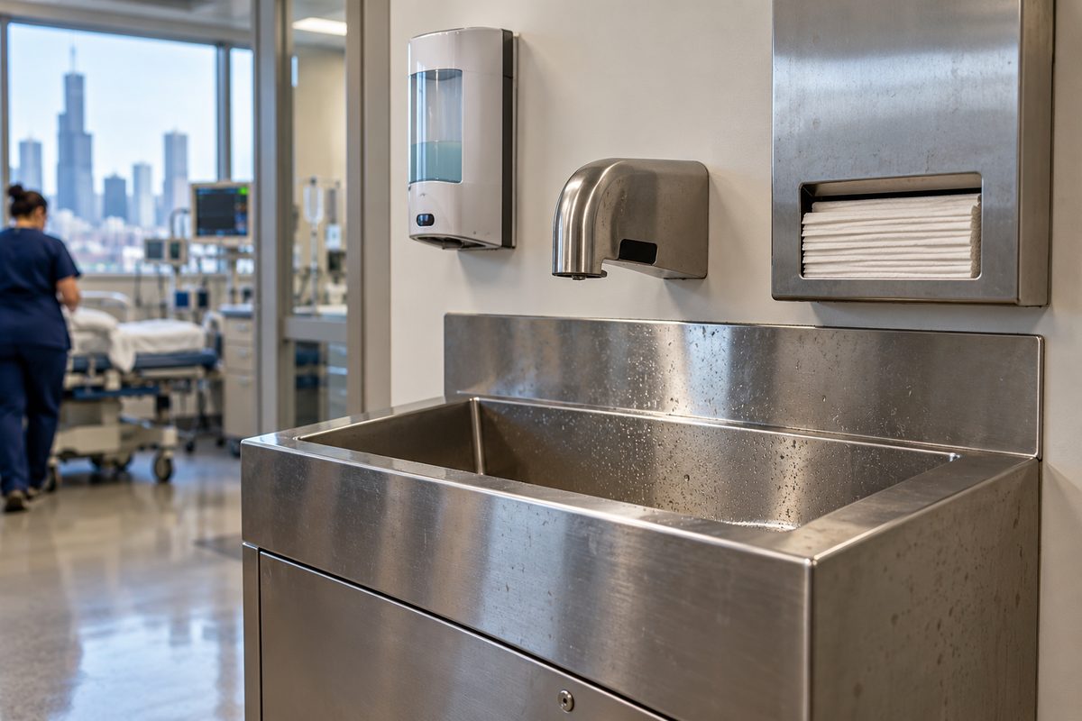 Touchless antiseptic scrub station in aesthetic suite utility zone