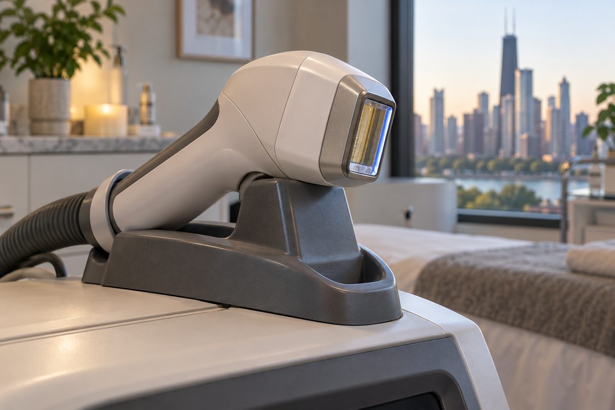 Diode aesthetic laser handpiece with chilled contact cooling tip