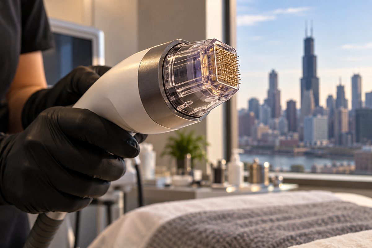 Fractional RF microneedling applicator handpiece with micro-pin matrix