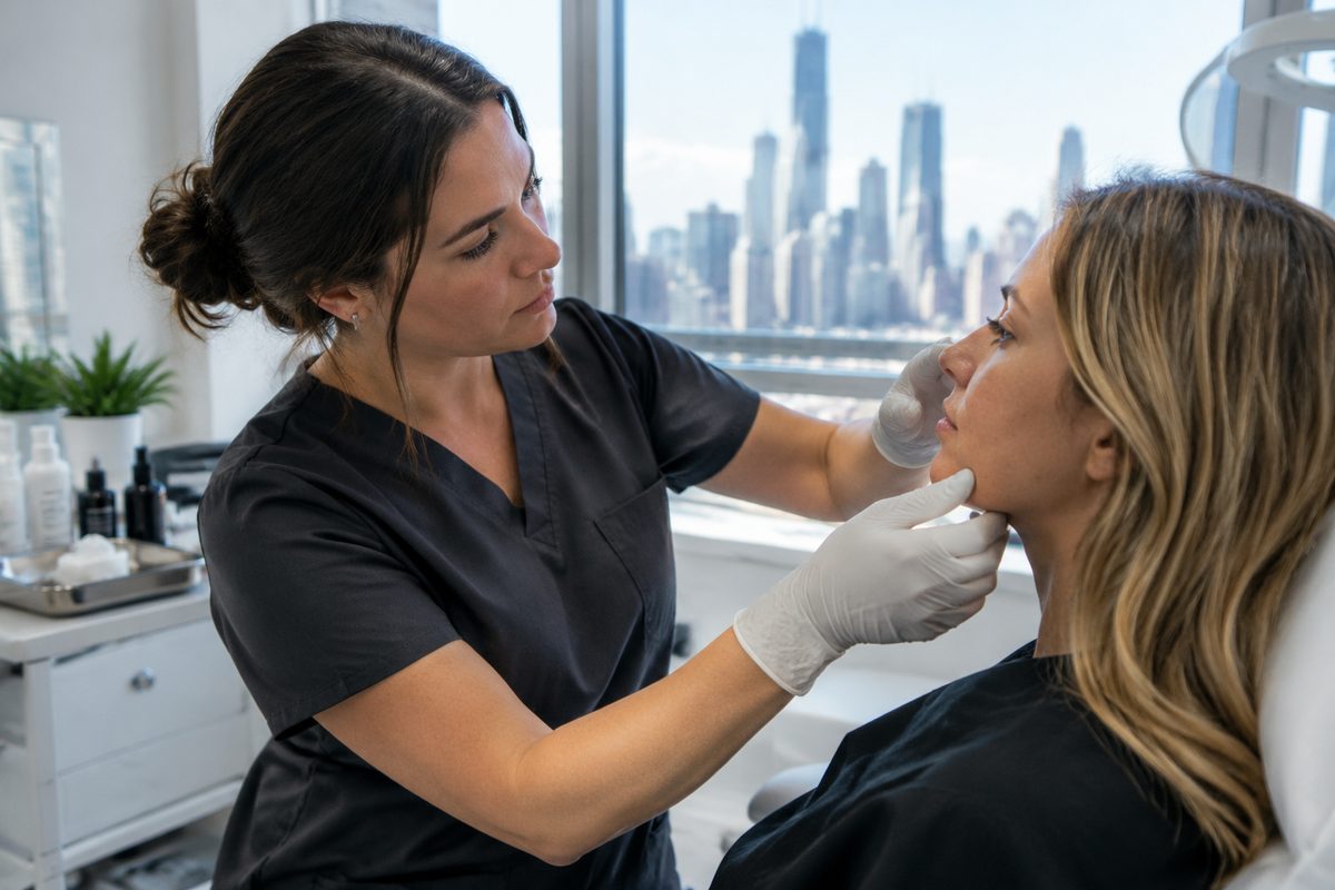 Licensed practitioner conducting pre-session facial contour evaluation
