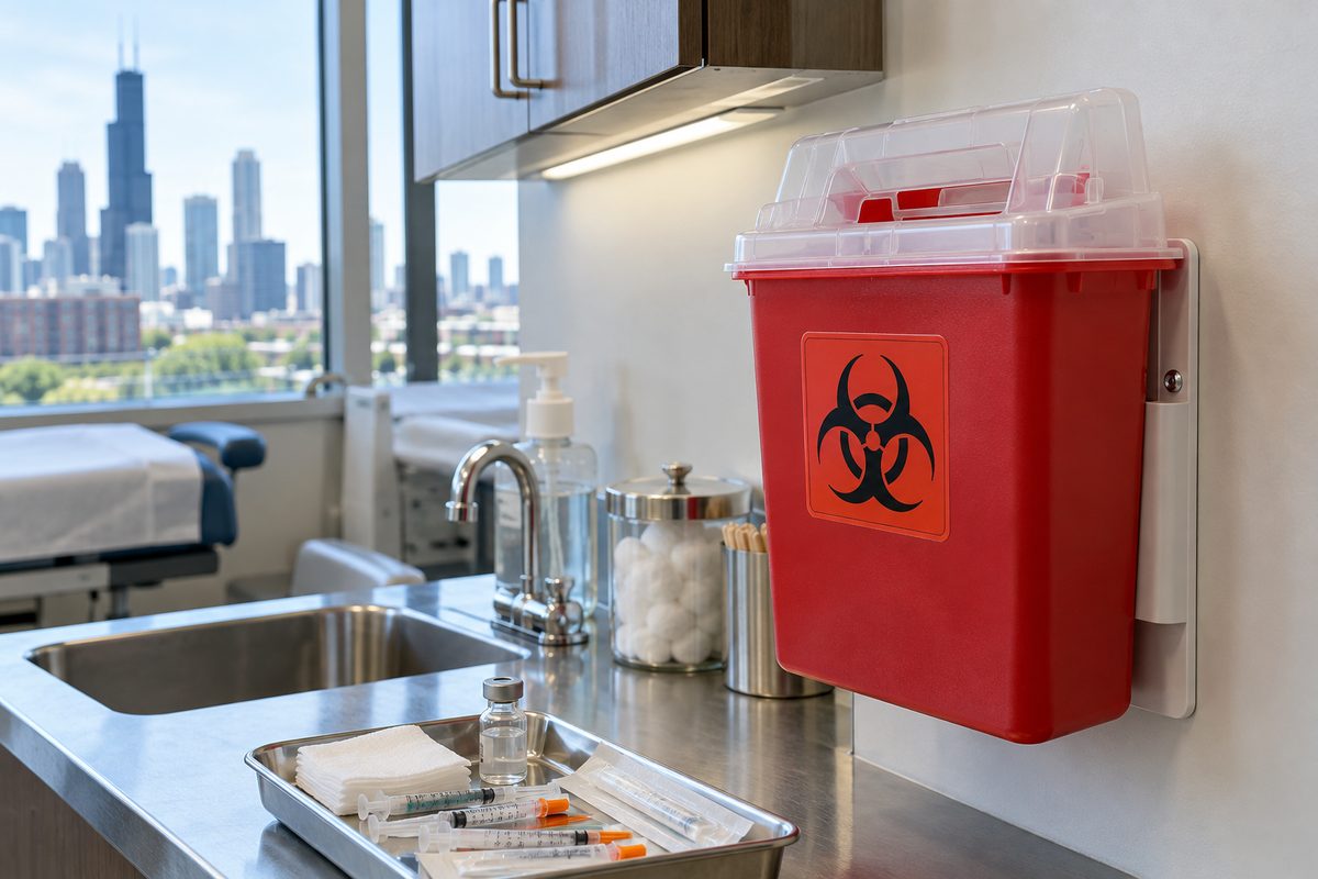 Dedicated biohazard sharps disposal container in preparation utility room