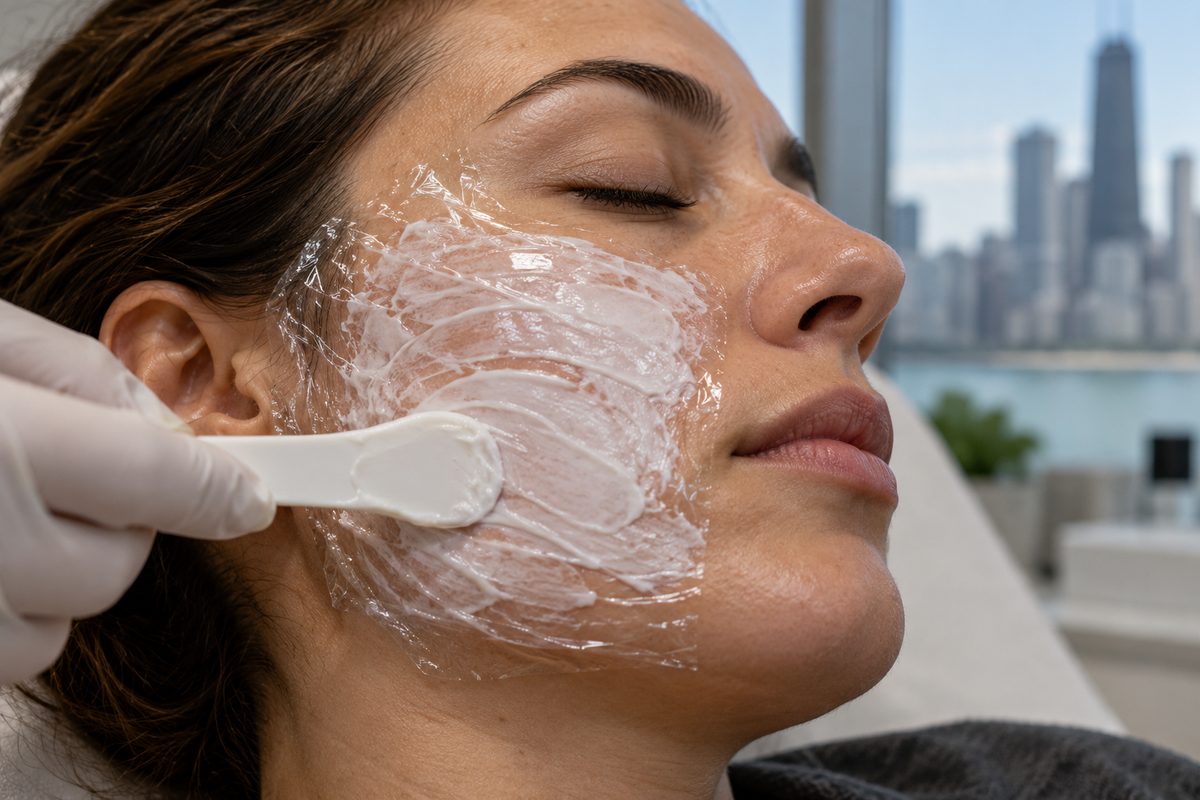 Topical numbing emulsion applied to skin prior to RF microneedling session